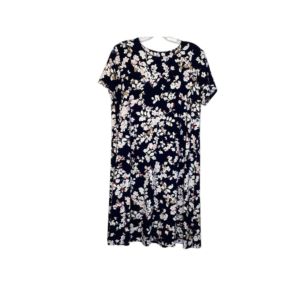 J Jill Dress Sz M Navy Blue Floral Knee Length Short Sleeve Work‎ Night Out NWT